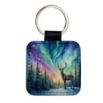 thumbnail image 1 of Deer And Northern Lights Watercolor Faux Leather Square Keychain, 1 of 7