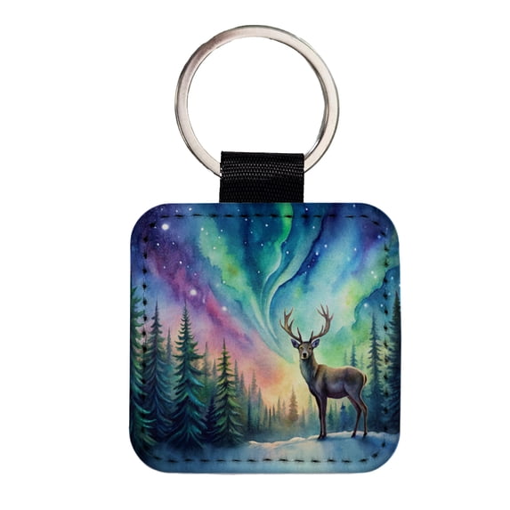 Deer And Northern Lights Watercolor Faux Leather Square Keychain