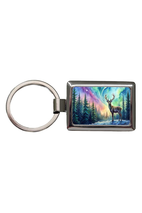 Deer And Northern Lights Watercolor Metal Rectangle Keychain