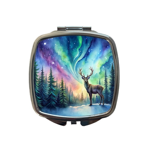 Deer And Northern Lights Watercolor Travel Makeup Handbag Purse Small Pocket Compact Mirror