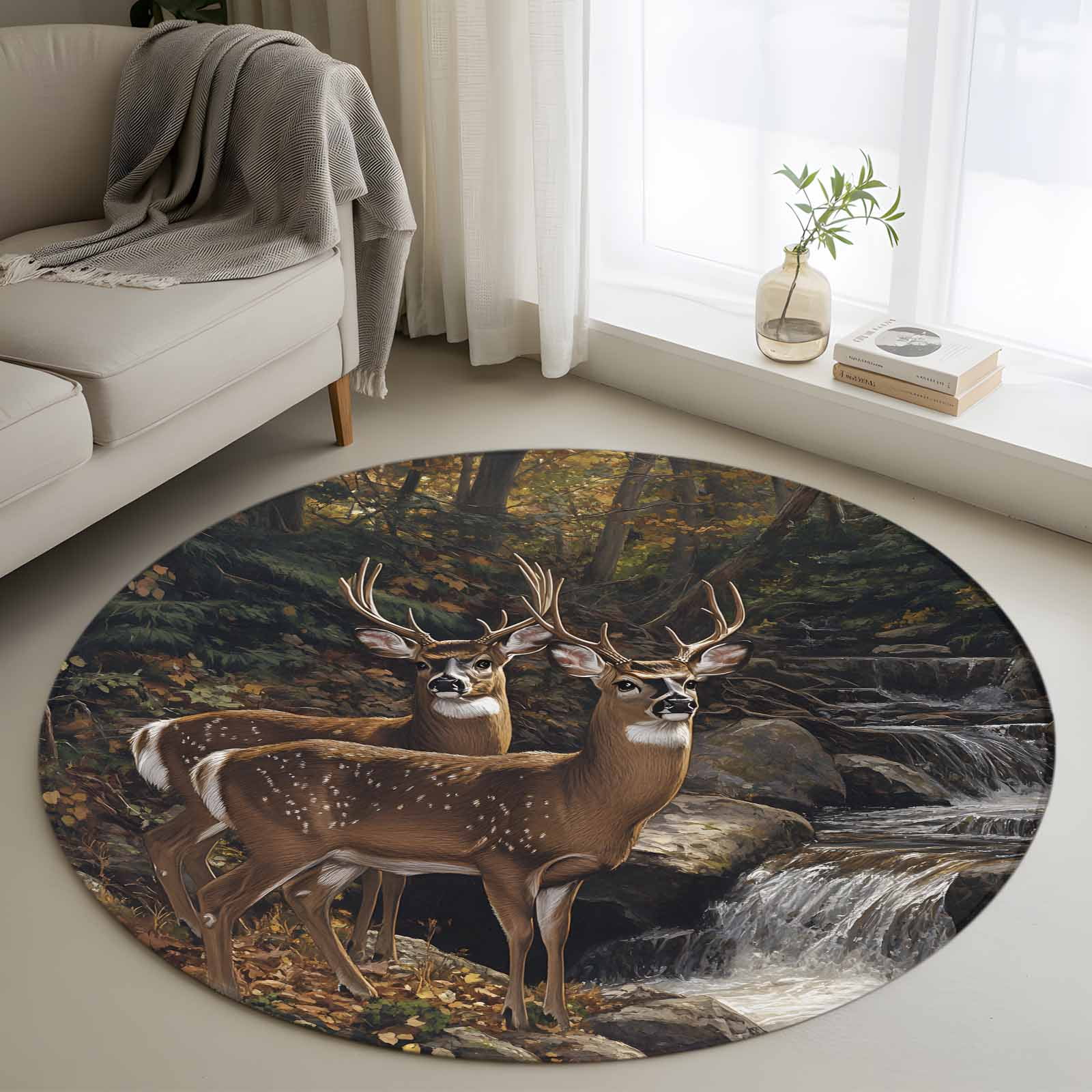 Deer Animal 4FT Round Area Rugs for Living Room Forest Rock River ...