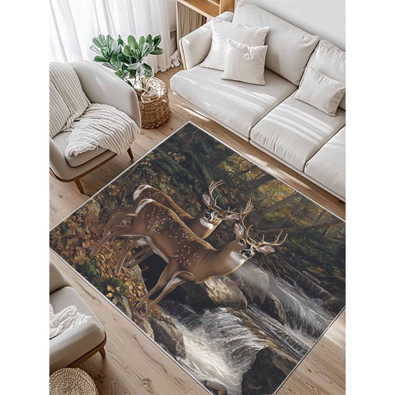 Deer Animal Area Rug for Bedroom 2.7x5 Ft Forest Rock River Nature Scenery Super Soft fuzzy Throw Rug Non-Slip Fluffy Plush Indoor Floor Carpet for Living Room Nursery Home Decor
