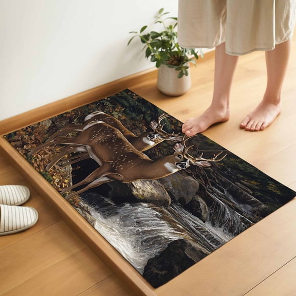 Deer Animal Door Mat 16x24 Inch Forest Rock River Nature Scenery Entryway Rug with Non-Slip Rubber, Inside Floor Mats Front Door Rug for Living Room Bathroom Bedroom Home Office