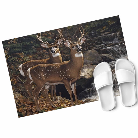 Deer Animal Door Mat Forest Rock River Nature Scenery Non Slip Absorbent Entrance Mat Washable Low Profile Indoor Doormat for Front Door Entryway Entry 16"x24"
