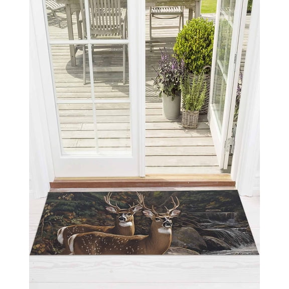 Deer Animal Front Door Mat Forest Rock River Nature Scenery Welcome Doormat Indoor Outdoor Entrance Floor Mat Non-Slip Washable Runner Rug for Front Porch Decor 16x47 Inch