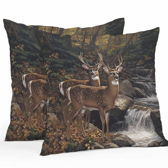 Deer Animal Outdoor Pillow Covers Pack of 2 Forest Rock River Nature Scenery Waterproof Throw Pillow Covers Decorative Cushion Cases for Patio Garden Tent Balcony Couch 26x26 inch