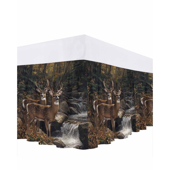Deer Animal Ruffle Bed Skirt Queen Size Forest Rock River Nature Scenery Adjustable Elastic Dust Bed Skirts Wrap Around Bedskirt Wrinkle Free Easy Fit with 16 Inch Drop
