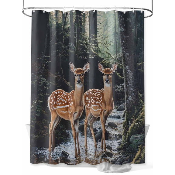 Deer Animal Shower Curtain, Forest River Nature Scenery Waterproof Shower Curtain Set with 12 Hooks Lightweight Washable Fabric Shower Curtains for Bathroom 72x84 Inches