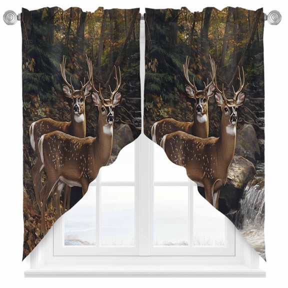Deer Animal Swag Valances for Windows 2 Pack Forest Rock River Nature Scenery Swag Kitchen Curtains 36 Inches Long Rod Pocket Short Window Treatment for Kitchen Bathroom 28"x36"