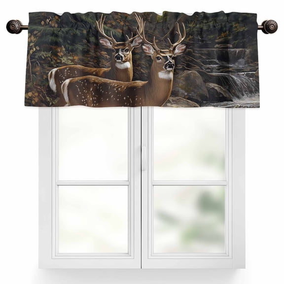 Deer Animal Valances for Windows, 42 x 18in, Forest Rock River Nature Scenery Rod Pocket Kitchen Valance Curtain Light Filtering Window Treatments for Living Room Bedroom, 1 Panel