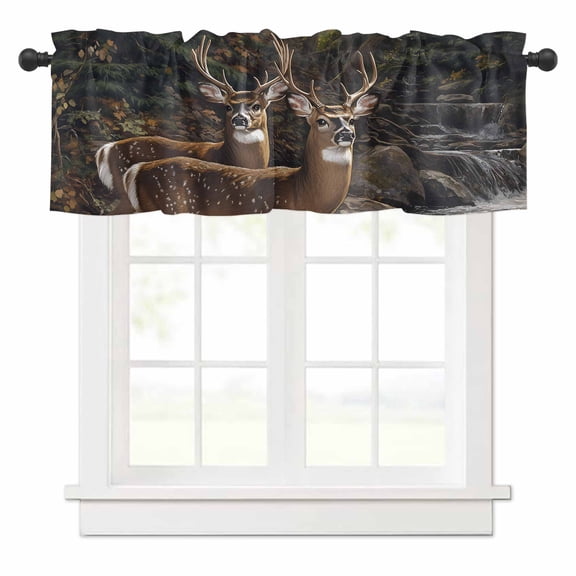 Deer Animal Valances for Windows Forest Rock River Nature Scenery Rod Pocket Curtain Valance Window Treatment Short Curtains for Kitchen Living Room, 42"x12"