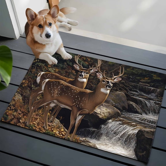 Deer Animal Washable Area Rug 2x3 Forest Rock River Nature Scenery Low-Profile Area Rugs with Non Slip Backing Indoor Floor Carpet for Entrance Living Room Bedroom Home Office