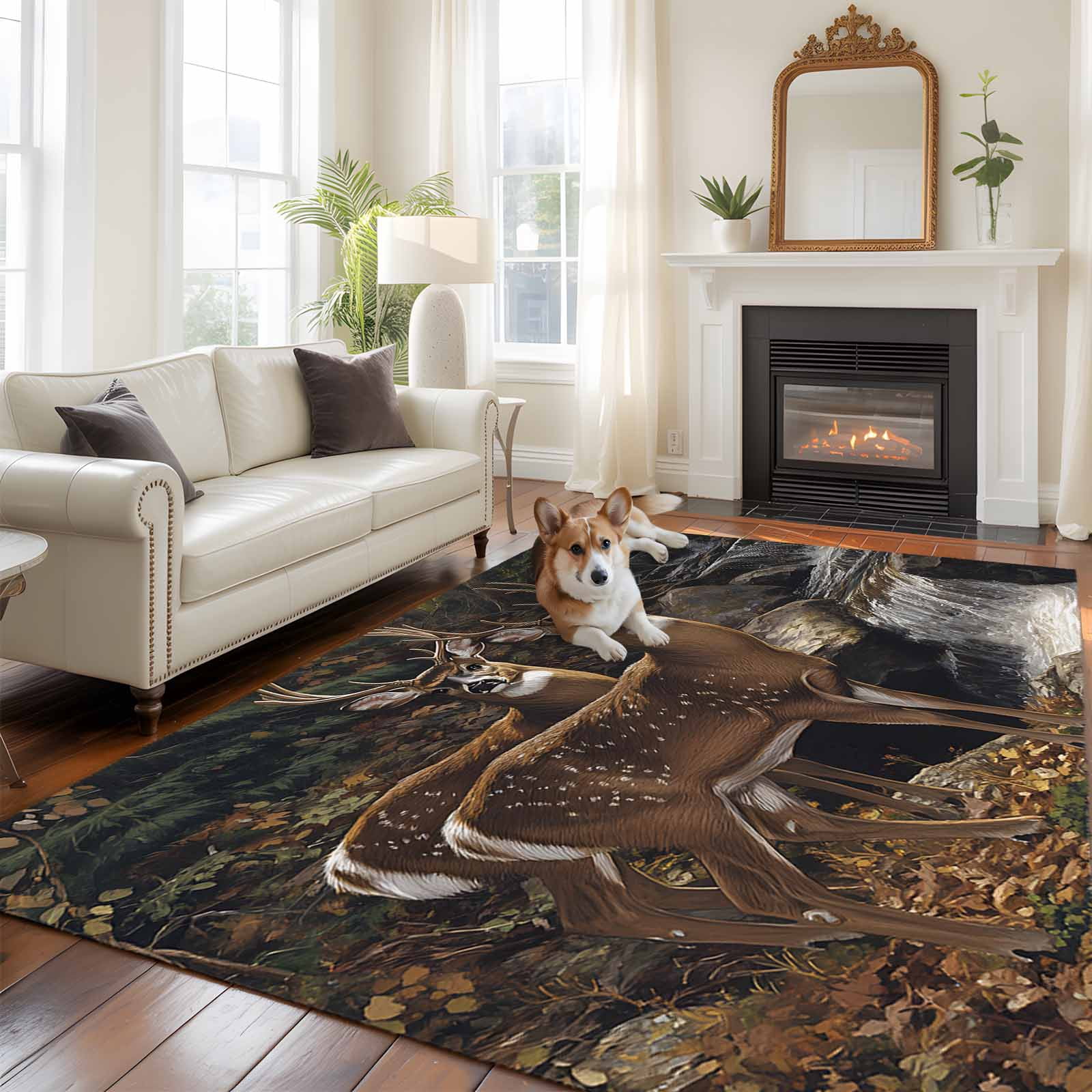 Deer Animal Washable Area Rug 5x7 Forest Rock River Nature Scenery Low ...