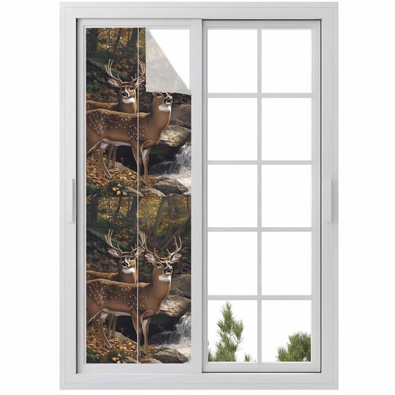 Deer Animal Window Privacy Film Forest Rock River Nature Scenery Decorative Glass Window Film UV Blocking Static Cling Non-Adhesive Sticker Covering for Home Door 17.7 x 78.7 inches