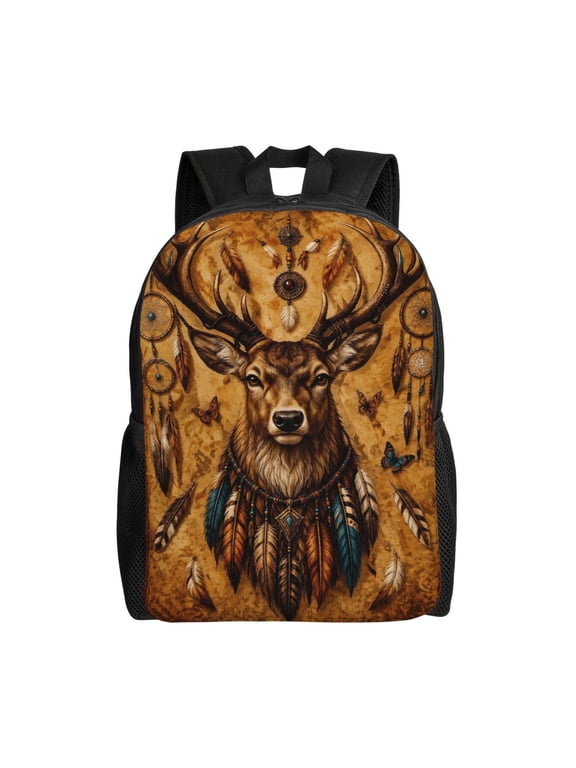 Deer Antler Boho Feather Backpack Full Front Print Travel Laptop Bag for Men and Women