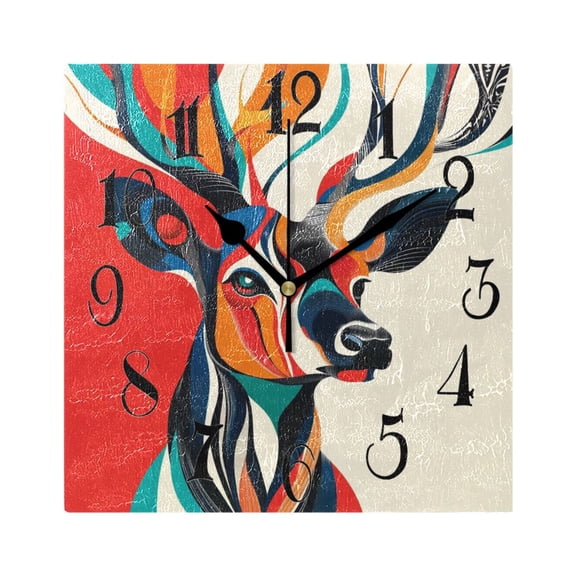 Deer Antler Colorful Wall Clock Decorative Square Silent Non-Ticking Operated Clocks Aesthetic for Bedroom Living Room