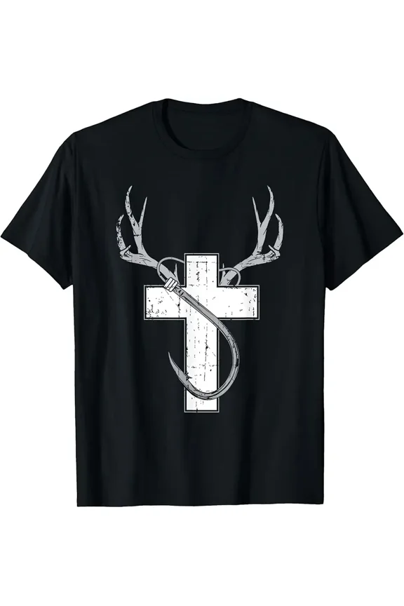 Deer Antler Fishing Hook Cross Graphic for Hunter Fisherman Men Cotton T-Shirt