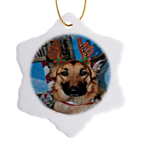3drose, Deer Antler Headband on German Shepherd in Box with North Pole Sign, 3 inch Snowflake Porcelain Ornament