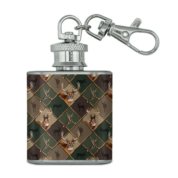 Deer Antler Hunting Hunter Camouflage Diamond Stainless Steel 1oz Mini Flask Key Chain