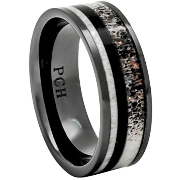 Deer Antler Ring Black Ceramic Ebony Wood Inlay 8mm Comfort Fit Wedding Band 7-13 (8)