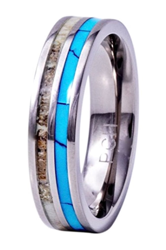Deer Antler Ring Titanium for Women and Men Turquoise 6mm Wedding Band Comfort Fit (8.5)