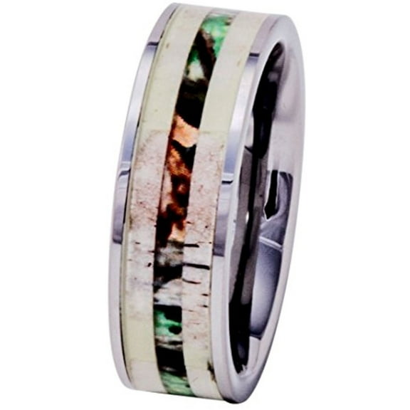 Deer Antler Ring Tungsten with Camo Wood Inlay 8mm Mens Wedding Band Comfort Fit (10.5)