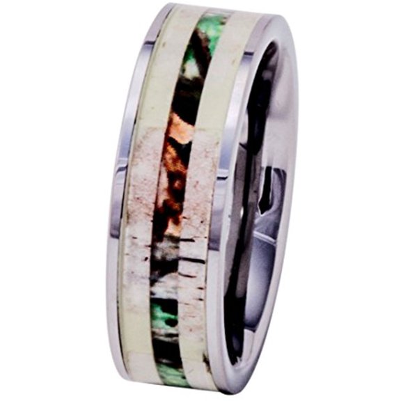 Deer Antler Ring Tungsten with Camo Wood Inlay 8mm Mens Wedding Band Comfort Fit (8.5)