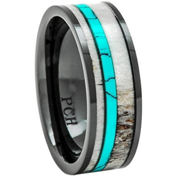 Deer Antler Ring Turquoise Black Ceramic 8mm Comfort Fit Wedding Band (11)