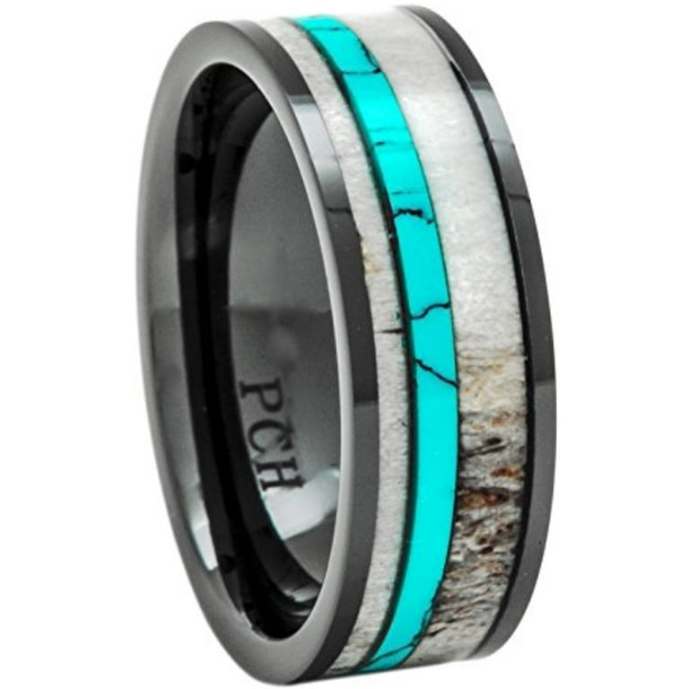 Deer Antler Ring Turquoise Black Ceramic 8mm Comfort Fit Wedding
