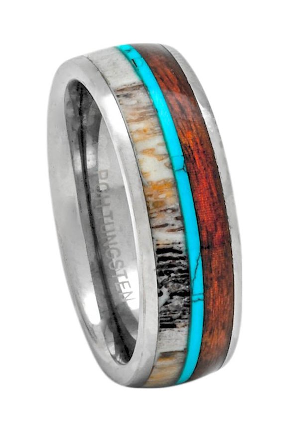 Deer Antler Ring Wedding Band Tungsten with Turquoise Koa Wood 8mm Comfort Fit 7-13 (13)