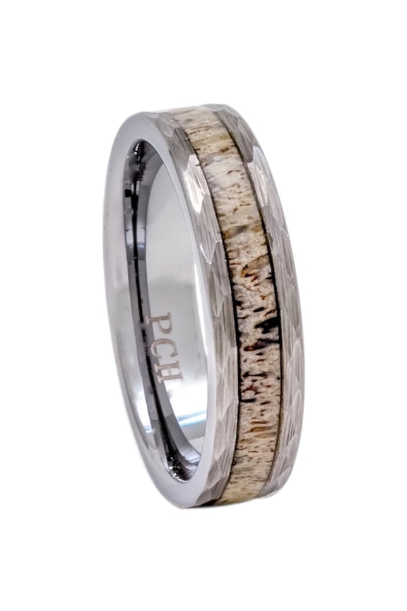 Deer Antler Ring in Tungsten Hammered Finish 6mm Comfort Fit Men Women Comfort Fit (6)
