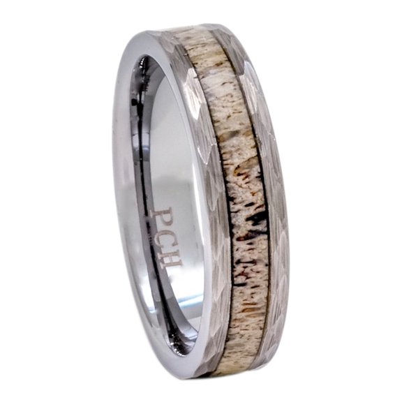 Deer Antler Ring in Tungsten Hammered Finish 6mm Comfort Fit Men Women Comfort Fit (6)