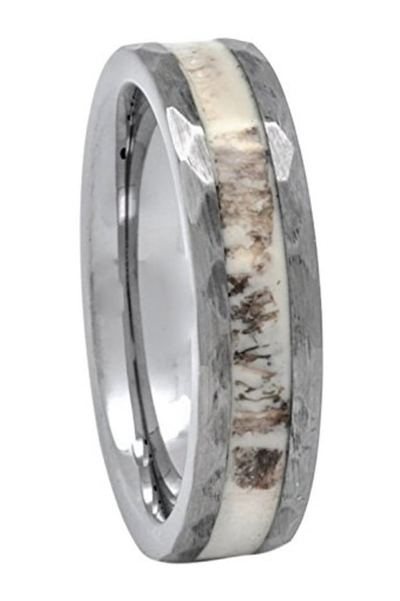 Deer Antler Ring in Tungsten Hammered Finish 6mm Comfort Fit Men Women Comfort Fit (7.5)