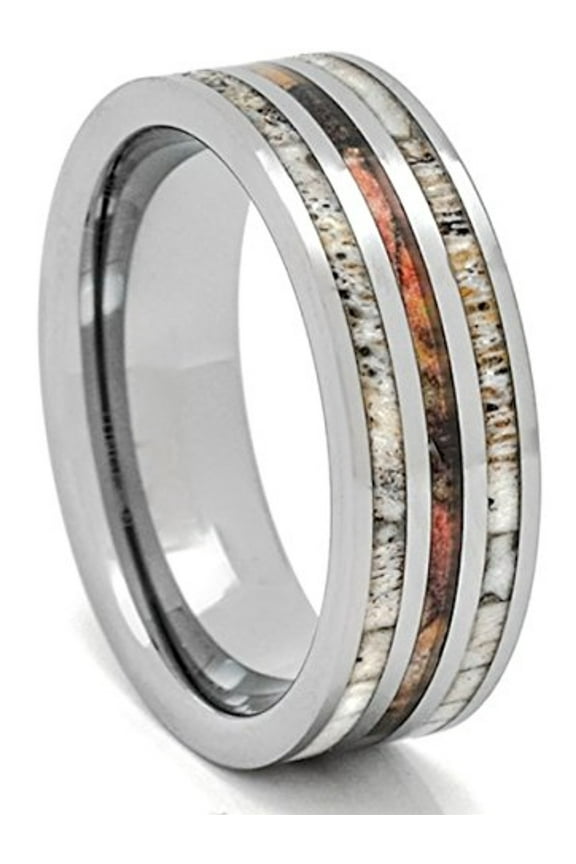 Deer Antler Ring with Camouflage 8mm Tungsten 3 Row Mens Wedding Band Comfort Fit (8)