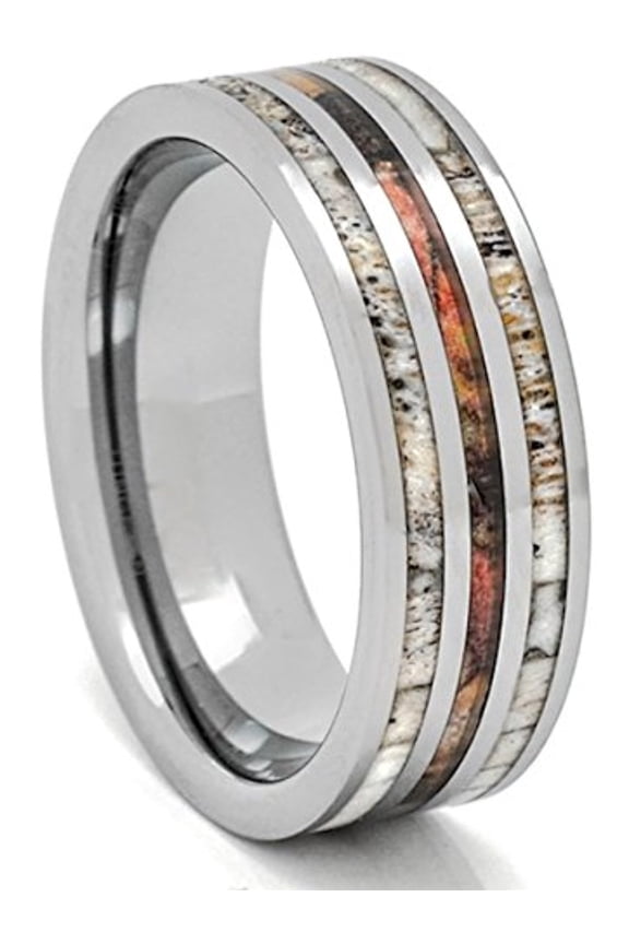 Deer Antler Ring with Camouflage 8mm Tungsten 3 Row Mens Wedding Band Comfort Fit (9.5)