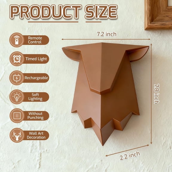 Deer Antler Shadow Lamp, Punch-Free Wall Light with Timer and Remote Control, Dimmable and Rechargeable Antler Lamp for Living Room, Bedroom, Porch, Hallway and Christmas Night Light Decor