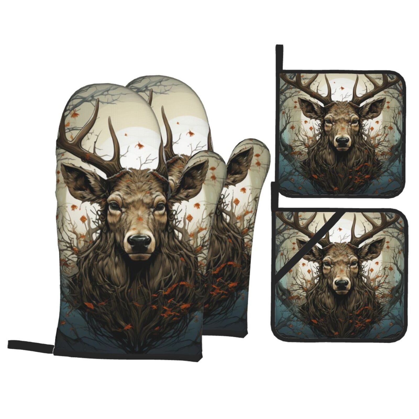 Deer Antler Whitetail 4Pcs Oven Mitts and Pot Holders Sets Oven Kitchen Gloves Hot Pads for Cooking BBQ Baking Grilling