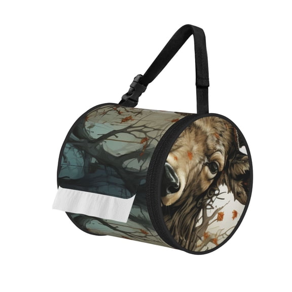 Deer Antler Whitetail Portable Cylinder Toilet Paper Holder Tissue Dispenser Hanging Storage Bag with Strap
