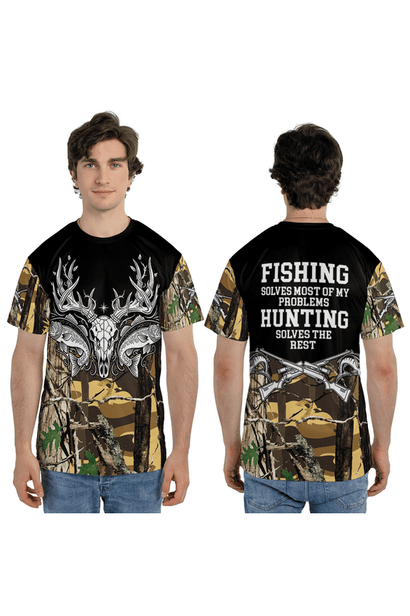 Deer Antler Wildlife Graphic 3D T-Shirt, Nature Camouflage Outdoor Style Tee, Fishing Outdoor 3D T-shirt