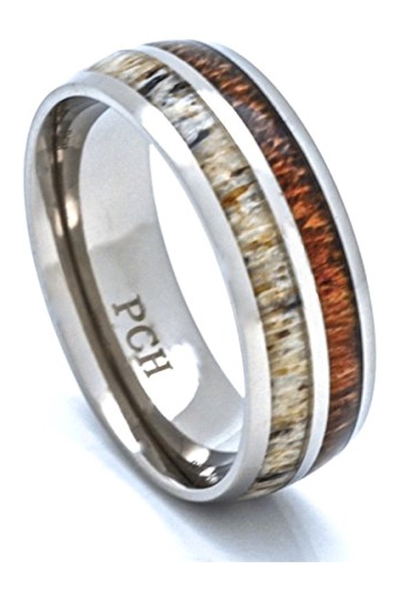 Deer Antler and Koa Wood Ring Titanium Mens Wedding Band Comfort Fit (9.5)