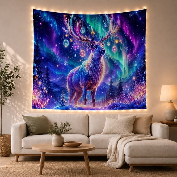Deer Antlers Depicted With Luminous Shades Blue Purple, Mystical Fantasy for Space Lovers, Galaxy Room Decor, Christmas Gift, Tapestry Wall Hanging for Bedroom and Dorm