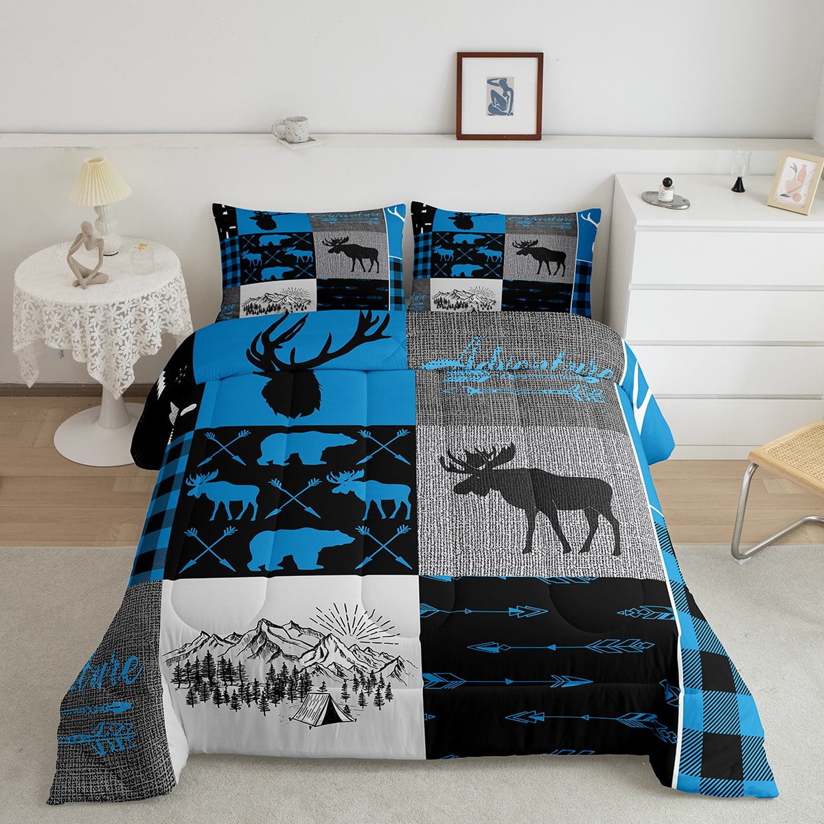 Deer Antlers Down Comforter Full,Geometric Plaid Patchwork Quilt for