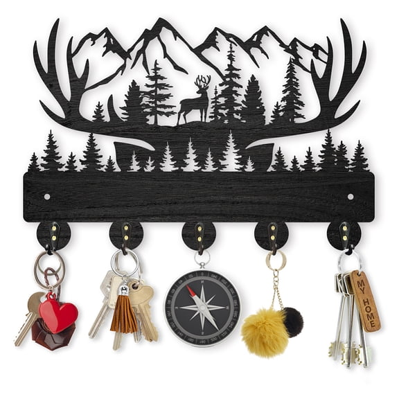 Deer Antlers Forest Coat Rack Wall Mount Wood Key Holder for Wall 11.87.9inch Forest Mountain Black Key Rack Hanger 5 Alloy Hooks Animal Theme Art