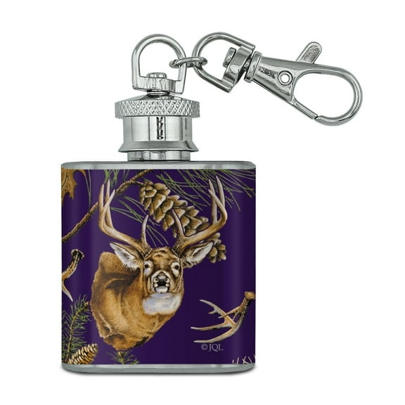Deer Antlers Pine Tree Cones Hunting Stainless Steel 1oz Mini Flask Key Chain