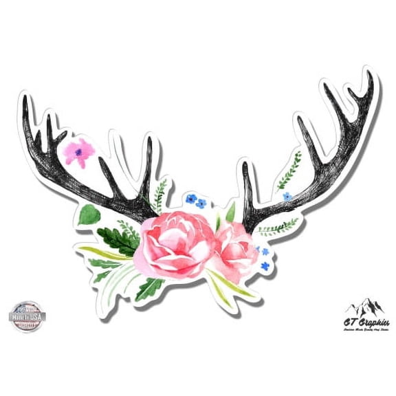 Deer Antlers with Flowers Boho Cute - 3" Vinyl Sticker - For Car Laptop I-Pad Phone Helmet Hard Hat - Waterproof Decal