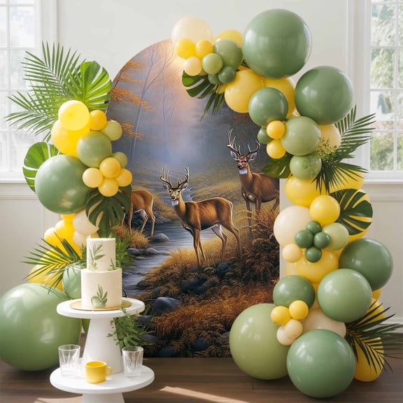 Deer in Arch Backdrop Cover, 6.6FT, the Forest Brown Trees with Creek Spandex Arch Covers Double-Sided Backdrop for Wedding Birthday Party Photo Background Decoration