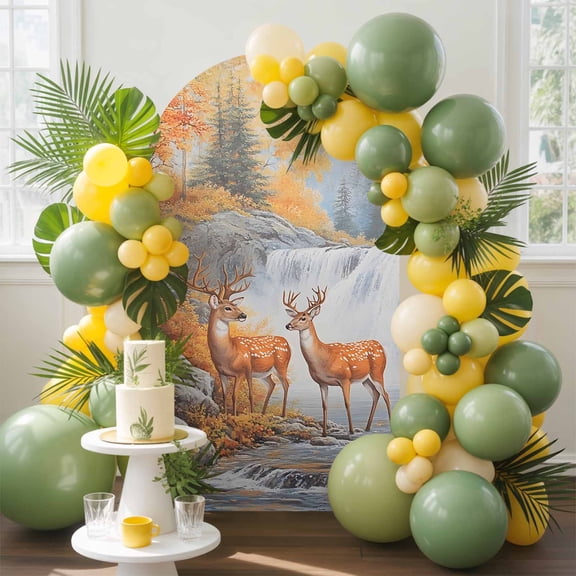 Deer Arch Backdrop Cover, 6.6FT, Forest Wildlife Rustic Spandex Arch Covers Double-Sided Backdrop for Wedding Birthday Party Photo Background Decoration