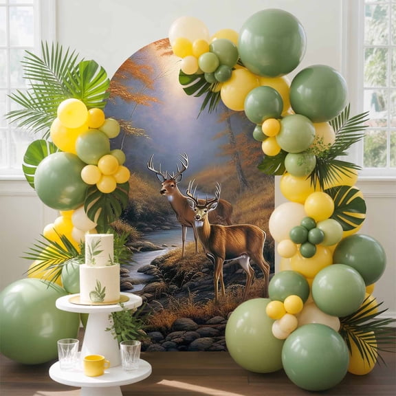 Deer in Arch Backdrop Cover, 6FT, Sunset Forest with Stream and Trees Spandex Arch Covers Double-Sided Backdrop for Wedding Birthday Party Photo Background Decoration