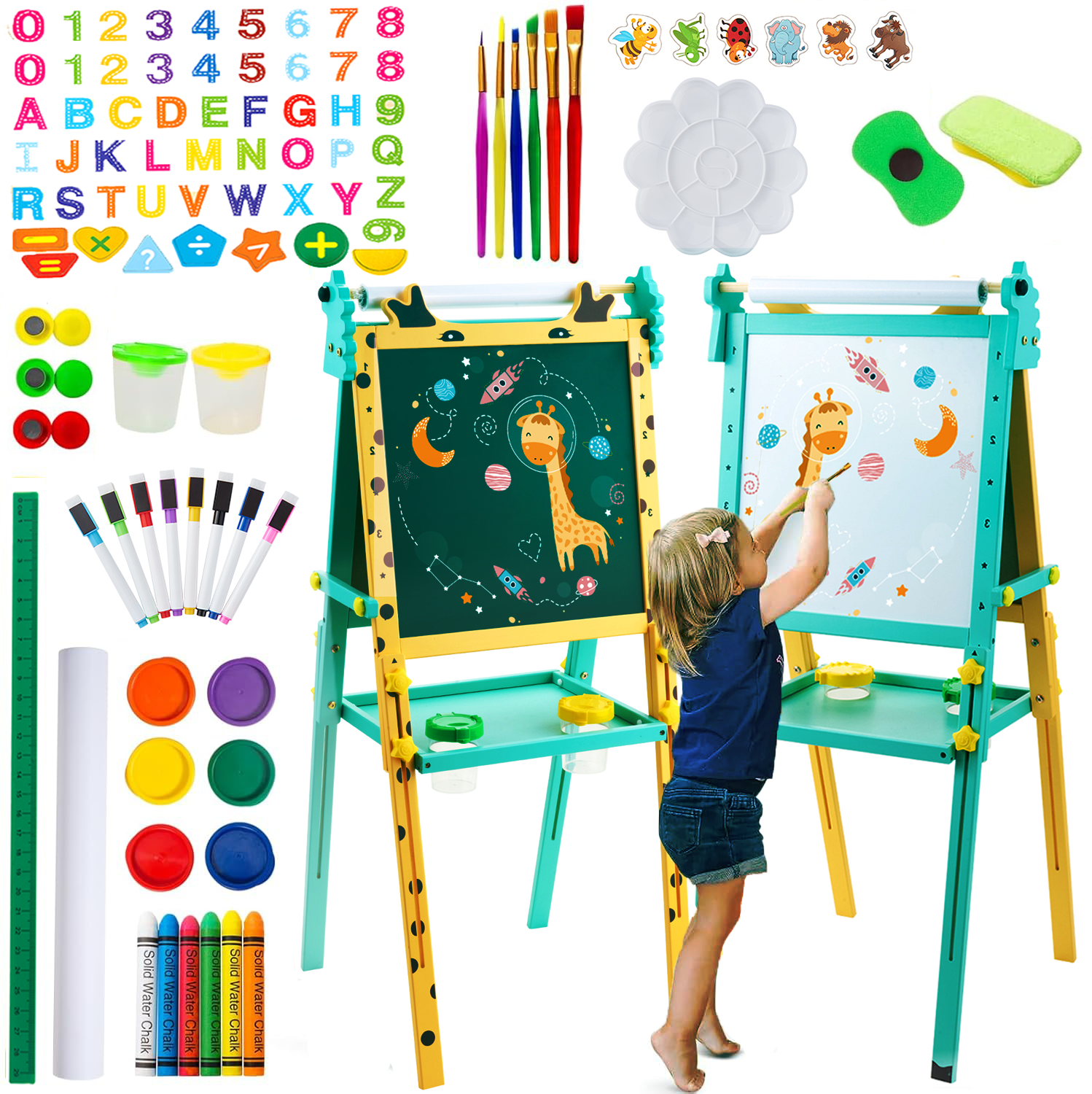 Keenstone Deer Art Easel for Kids Easel Set with 100+ Painting Gifts,Chalkboard Dual Magnetic Whiteboard,Painting Stand with Paper for Ages 3 and up Kids Children Toddler