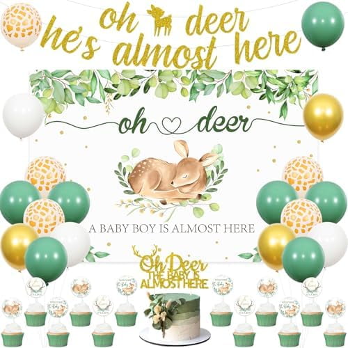 Deer Baby Shower Decorations for Boy, Oh Deer Hes Almost Here Banner Backdrop Cake Tapper Cupcake Toppers Balloons for Deer Woodland Animal Baby Shower Party Supplies